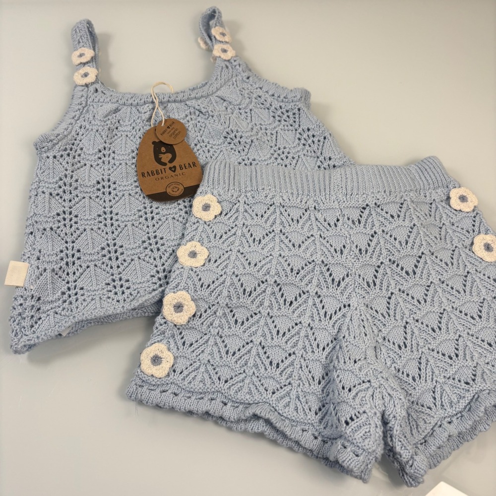 Rabbit + Bear Kids 3T Blue Knit Short Set NEW Organic Cotton Floral Pointelle